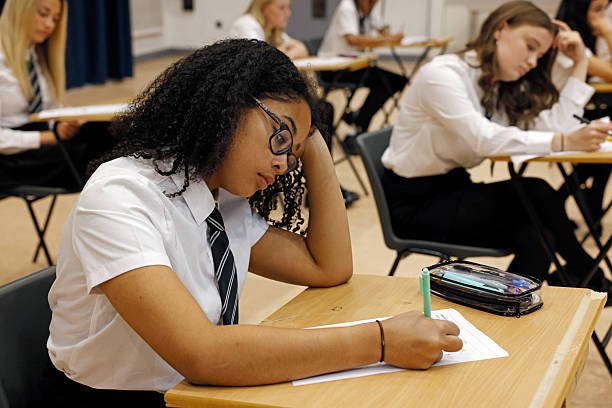 A female secondary school student sits an exam in a spacious school hall, the atmosphere calm and focused. She concentrates intently on her paper, pen in hand. The mid shot captures her quiet determination in the academic setting.