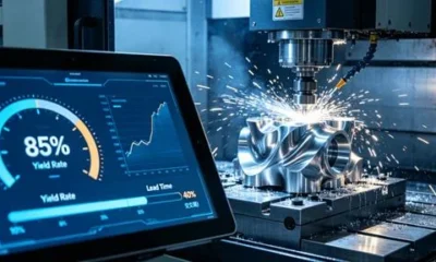 An infographic dashboard shows a gauge rising from 85% to 99.5% for Yield Rate and a bar shrinking by 40% for Lead Time, over a background of a 5-axis CNC machine machining a complex metal part in a clean workshop.