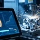 An infographic dashboard shows a gauge rising from 85% to 99.5% for Yield Rate and a bar shrinking by 40% for Lead Time, over a background of a 5-axis CNC machine machining a complex metal part in a clean workshop.