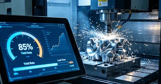 An infographic dashboard shows a gauge rising from 85% to 99.5% for Yield Rate and a bar shrinking by 40% for Lead Time, over a background of a 5-axis CNC machine machining a complex metal part in a clean workshop.
