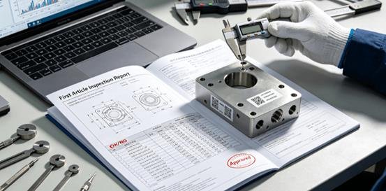 A close-up, overhead view of a detailed inspection report next to a precision-machined metal part with a traceability label. A gloved hand performs a measurement with a micrometer, with SPC charts visible on a laptop in the background.