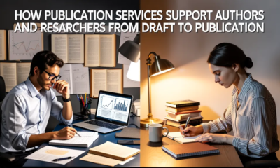 A writer and a researcher working on their tasks in a split screen image.