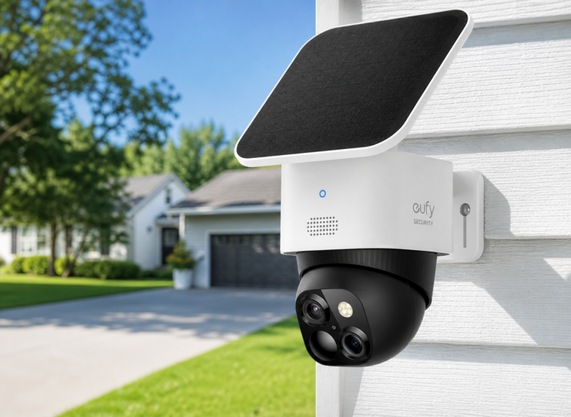 eufy SoloCam S340 solar outdoor security camera mounted on residential driveway