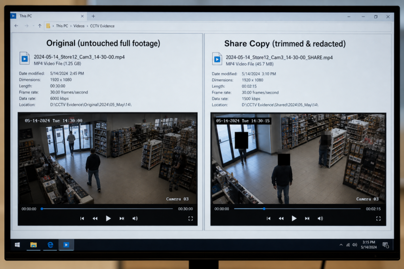 Two clearly labeled security camera files showing an untouched original and a separate copy prepared for sharing