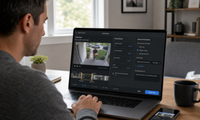 Homeowner reviewing a security camera clip, creating a trimmed copy, and checking the recipient list before sharing