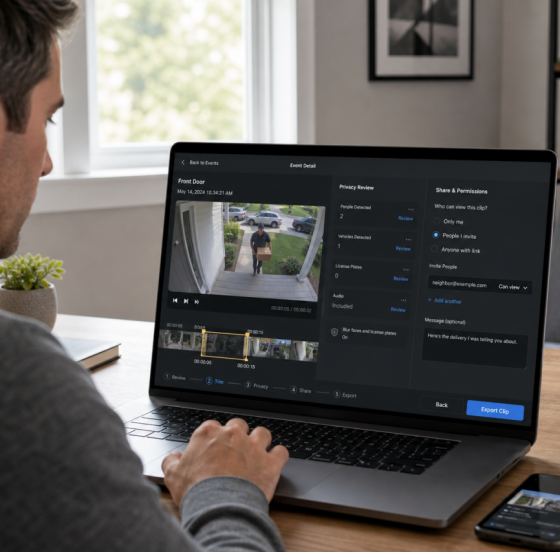 Homeowner reviewing a security camera clip, creating a trimmed copy, and checking the recipient list before sharing