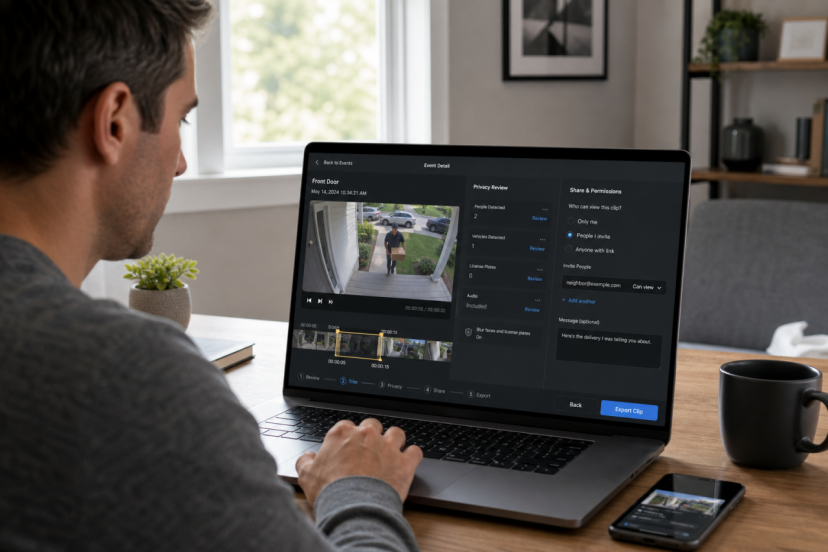 Homeowner reviewing a security camera clip, creating a trimmed copy, and checking the recipient list before sharing